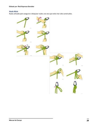 Editado por: Raúl Espinoza González
Manual de Campo 24
Nudo Mule
Nudo utilizado para asegurar o bloquear nudos una vez que estos han sido construidos.
 