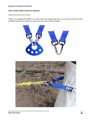 Editado por: Raúl Espinoza González
Manual de Campo 32
Otros anclajes simples incluyen los siguientes:
Basket con Correa de Anclaje
Similar a la configuración BASKET con cintas, pero esto anclaje sólo tiene una correa de anclaje envuelto
alrededor del punto de anclaje y se conecta con una unión roscada triangular.
 