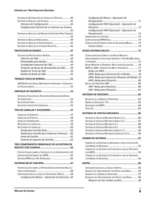 Editado por: Raúl Espinoza González
Manual de Campo 8
SISTEMA DE DISTRIBUCIÓN DE CARGA DE 2 PUNTOS............40
SISTEMA DE ANCLAJE CON ESTACAS..................................41
Patrones de Configuración..................................42
Configuración General de un Sistema con Estacas
............................................................................42
SISTEMA DE ANCLAJE CON RESPALDO POSTERIOR PRE-TENSADO
.................................................................................43
SISTEMA DE ANCLAJE DIRECCIONAL..................................44
SISTEMA DE ANCLAJE DE CONTINGENCIA ...........................45
SISTEMA DE ANCLAJE DE FUERZAS OPUESTAS.....................46
PROTECCION DE BORDES..........................................47
EQUIPOS DE PROTECCIÓN DE BORDES...............................49
Ultra Pro de CMC ................................................49
Almohadilla para Bordes.....................................49
Cortabordes Industrial de CMC...........................49
Protector de Bocas de Alcantarillas de CMC.......49
Rodillo de Techo de SMC ....................................50
Rodillo de Borde de SMC.....................................50
TRABAJO CERCA DE BORDES.....................................51
AZTEK RESTRICCIÓN DE MOVIMIENTO PERSONAL Y CONJUNTO
DE POLEAS DOBLES........................................................52
EMPAQUE DE PACIENTES..........................................53
SISTEMA DE SUJECIÓN DE PACIENTES IMPROVISADO (OTRAS
ALTERNATIVAS)............................................................54
SUJECIÓN EXTERNA.......................................................55
SUJECIÓN DE SUJECIÓN COMERCIAL .................................56
TIPO DE CAMILLAS Y ACCESORIOS ............................57
CAMILLAS DE CANASTO..................................................57
CAMILLAS DE PLÁSTICO..................................................58
CAMILLAS SEMIRRIGIDAS................................................59
RESISTENCIA DE CAMILLAS..............................................59
ACCESORIOS DE CAMILLAS..............................................60
Rueda para Camilla Mule....................................60
Rueda para Camilla Russ Anderson Universal.....60
Arnés de Camilla .................................................61
Sistema de Sujeción de Camillas .........................62
TRES COMPONENTES PRINCIPALES DE UN SISTEMA DE
RESCATE CON CUERDAS............................................63
PUNTOS CLAVES SOBRE EL ENFOQUE DE LOS COMPONENTES.63
CONFIGURACIÓN SIMPLE DEL RPM..................................65
SISTEMA RPM DUAL PRE APAREJADO ..............................66
SISTEMAS BELAY CON RPM.......................................67
PUNTOS CLAVES SOBRE LA OPERACIONES DE SISTEMAS BELAY /
LÍNEA DE SEGURIDAD ....................................................68
CONFIGURACIÓN DE LA LÍNEA DE SEGURIDAD / BELAY..........68
Configuración Básica – Operación de Descenso..69
Configuración Básica – Operación de
Recuperación...................................................... 71
Configuración PMP (Opcional) – Operación de
Descenso ............................................................ 72
Configuración PMP (Opcional) – Operación de
Recuperación...................................................... 73
VARIACIONES DEL SISTEMA ............................................ 73
CONFIGURACIÓN RPM DUAL......................................... 74
CONFIGURACIÓN SIMPLE LÍNEA DE SEGURIDAD/BELAY........ 74
Puntos Claves ..................................................... 74
OTROS SISTEMAS BELAYS .........................................75
CONFIGURACION DE BELAY CON NUDO MUNTER -
ASEGURAMIENTO CON CARGA MENOR A 1.35 KN (300 LIBRAS,
1 PERSONA)................................................................ 75
NUDO MUNTER O DINÁMICO: BELAY PARA ELEVACIÓN....... 76
MPD DE CMC - DISPOSITIVO MULTI PROPÓSITO .............. 77
Belay con MPD ................................................... 78
MPD: Belay para Descenso (En el Borde) ........... 78
MPD: Belay para Descenso (Después del Borde) 79
MPD: Belay para Elevación ................................ 80
BELAY CON TRAVERSE 540O
........................................... 80
540o
: Belay para Descenso ................................. 80
540o
: Belay para Elevación................................. 81
SISTEMAS DE DESCENSO...........................................82
BLOQUEO DE LA BARRA DE DESCENSO.............................. 82
BARRA DE DESCENSO: TIPS ............................................ 83
DESCENSO CON MPD................................................... 84
PETZL ID .................................................................... 85
SISTEMAS DE VENTAJA MECANICA ...........................86
SISTEMA DE VENTAJA MECÁNICA SIMPLE 1:1.................... 86
SISTEMA DE VENTAJA MECÁNICA SIMPLE 2:1.................... 87
SISTEMA DE VENTAJA MECÁNICA 3:1 .............................. 88
SISTEMA DE VENTAJA MECÁNICA 4:1 .............................. 89
SISTEMA DE VENTAJA MECÁNICA SIMPLE 5:1.................... 90
SISTEMA DE VENTAJA MECÁNICA COMPUESTA 6:1............. 90
CAMBIO DE SISTEMAS ..............................................91
CAMBIO DE UN SISTEMA DE DESCENSO A UNO DE ELEVACIÓN
CON BARRA DE DESCENSO ............................................. 92
CAMBIO DE UN SISTEMA DE ELEVACIÓN A UNO DE DESCENSO
CON MPD.................................................................. 93
CAMBIO DE UN SISTEMA DE ELEVACIÓN A UNO DE DESCENSO
CON BARRA DE DESCENSO ............................................. 94
RAPPEL.....................................................................96
IMPLEMENTACIÓN DE LA LÍNEA DE RAPPEL........................ 96
APAREJO DEL DESCENDEDOR TIPO OCHO CON OREJA .......... 96
APAREJO DE LA BARRA DE DESCENSO............................... 97
BLOQUEO DEL DESCENDEDOR TIPO OCHO CON OREJA......... 98
Bloqueo con dos medias vueltas ........................ 98
 