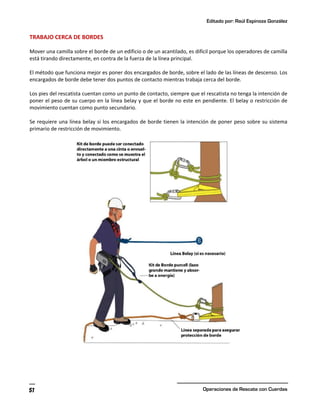 Editado por: Raúl Espinoza González
Operaciones de Rescate con Cuerdas
51
TRABAJO CERCA DE BORDES
Mover una camilla sobre el borde de un edificio o de un acantilado, es difícil porque los operadores de camilla
está tirando directamente, en contra de la fuerza de la línea principal.
El método que funciona mejor es poner dos encargados de borde, sobre el lado de las líneas de descenso. Los
encargados de borde debe tener dos puntos de contacto mientras trabaja cerca del borde.
Los pies del rescatista cuentan como un punto de contacto, siempre que el rescatista no tenga la intención de
poner el peso de su cuerpo en la línea belay y que el borde no este en pendiente. El belay o restricción de
movimiento cuentan como punto secundario.
Se requiere una línea belay si los encargados de borde tienen la intención de poner peso sobre su sistema
primario de restricción de movimiento.
 