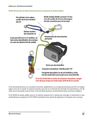 Editado por: Raúl Espinoza González
Manual de Campo 52
AZTEK Restricción de Movimiento Personal y Conjunto de Poleas dobles
Un kit de borde permite a un rescatista conectarse rápidamente a un anclaje personal para permitir un trabajo
seguro cerca de un borde. Es esencial recordar que esta es la intención de restringir los movimientos, a fin de
evitar que el rescatador vaya al límite. El Purcell debe ajustarse constantemente para minimizar la holgura.
El kit AZTEK de poleas dobles esta en el extremo opuesto de la cuerda que restringe el movimiento y esta
clasificado para uso general. El KIT AZTEK mostrado le da la opción de enganchar el trinquete azul o naranja
 