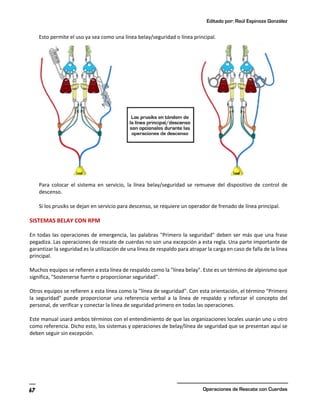 Editado por: Raúl Espinoza González
Operaciones de Rescate con Cuerdas
67
Esto permite el uso ya sea como una línea belay/seguridad o línea principal.
Para colocar el sistema en servicio, la línea belay/seguridad se remueve del dispositivo de control de
descenso.
Si los prusiks se dejan en servicio para descenso, se requiere un operador de frenado de línea principal.
SISTEMAS BELAY CON RPM
En todas las operaciones de emergencia, las palabras "Primero la seguridad" deben ser más que una frase
pegadiza. Las operaciones de rescate de cuerdas no son una excepción a esta regla. Una parte importante de
garantizar la seguridad es la utilización de una línea de respaldo para atrapar la carga en caso de falla de la línea
principal.
Muchos equipos se refieren a esta línea de respaldo como la "línea belay". Este es un término de alpinismo que
significa, "Sostenerse fuerte o proporcionar seguridad".
Otros equipos se refieren a esta línea como la "línea de seguridad". Con esta orientación, el término "Primero
la seguridad" puede proporcionar una referencia verbal a la línea de respaldo y reforzar el concepto del
personal, de verificar y conectar la línea de seguridad primero en todas las operaciones.
Este manual usará ambos términos con el entendimiento de que las organizaciones locales usarán uno u otro
como referencia. Dicho esto, los sistemas y operaciones de belay/línea de seguridad que se presentan aquí se
deben seguir sin excepción.
 