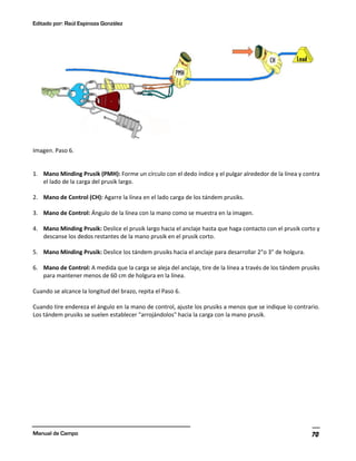 Editado por: Raúl Espinoza González
Manual de Campo 70
Imagen. Paso 6.
1. Mano Minding Prusik (PMH): Forme un círculo con el dedo índice y el pulgar alrededor de la línea y contra
el lado de la carga del prusik largo.
2. Mano de Control (CH): Agarre la línea en el lado carga de los tándem prusiks.
3. Mano de Control: Ángulo de la línea con la mano como se muestra en la imagen.
4. Mano Minding Prusik: Deslice el prusik largo hacia el anclaje hasta que haga contacto con el prusik corto y
descanse los dedos restantes de la mano prusik en el prusik corto.
5. Mano Minding Prusik: Deslice los tándem prusiks hacia el anclaje para desarrollar 2"o 3" de holgura.
6. Mano de Control: A medida que la carga se aleja del anclaje, tire de la línea a través de los tándem prusiks
para mantener menos de 60 cm de holgura en la línea.
Cuando se alcance la longitud del brazo, repita el Paso 6.
Cuando tire endereza el ángulo en la mano de control, ajuste los prusiks a menos que se indique lo contrario.
Los tándem prusiks se suelen establecer "arrojándolos" hacia la carga con la mano prusik.
 