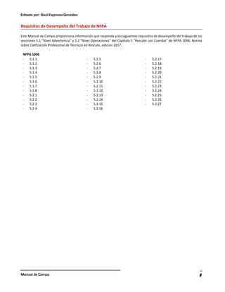 Editado por: Raúl Espinoza González
Manual de Campo 8
Requisitos de Desempeño del Trabajo de NFPA
Este Manual de Campo proporciona información que responde a los siguientes requisitos de desempeño del trabajo de las
secciones 5.1 “Nivel Advertencia” y 5.2 “Nivel Operaciones” del Capitulo 5 “Rescate con Cuerdas” de NFPA 1006, Norma
sobre Calificación Profesional de Técnicos en Rescate, edición 2017.
NFPA 1006
- 5.1.1
- 5.1.2
- 5.1.3
- 5.1.4
- 5.1.5
- 5.1.6
- 5.1.7.
- 5.1.8
- 5.2.1
- 5.2.2
- 5.2.3
- 5.2.4
- 5.2.5
- 5.2.6
- 5.2.7
- 5.2.8
- 5.2.9
- 5.2.10
- 5.2.11
- 5.2.12
- 5.2.13
- 5.2.14
- 5.2.15
- 5.2.16
- 5.2.17
- 5.2.18
- 5.2.19
- 5.2.20
- 5.2.21
- 5.2.22
- 5.2.23
- 5.2.24
- 5.2.25
- 5.2.26
- 5.2.27
 
