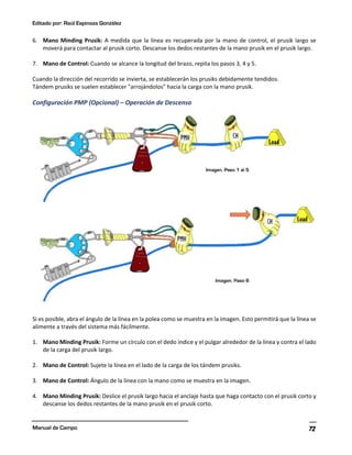 Editado por: Raúl Espinoza González
Manual de Campo 72
6. Mano Minding Prusik: A medida que la línea es recuperada por la mano de control, el prusik largo se
moverá para contactar al prusik corto. Descanse los dedos restantes de la mano prusik en el prusik largo.
7. Mano de Control: Cuando se alcance la longitud del brazo, repita los pasos 3, 4 y 5.
Cuando la dirección del recorrido se invierta, se establecerán los prusiks debidamente tendidos.
Tándem prusiks se suelen establecer "arrojándolos" hacia la carga con la mano prusik.
Configuración PMP (Opcional) – Operación de Descenso
Si es posible, abra el ángulo de la línea en la polea como se muestra en la imagen. Esto permitirá que la línea se
alimente a través del sistema más fácilmente.
1. Mano Minding Prusik: Forme un círculo con el dedo índice y el pulgar alrededor de la línea y contra el lado
de la carga del prusik largo.
2. Mano de Control: Sujete la línea en el lado de la carga de los tándem prusiks.
3. Mano de Control: Ángulo de la línea con la mano como se muestra en la imagen.
4. Mano Minding Prusik: Deslice el prusik largo hacia el anclaje hasta que haga contacto con el prusik corto y
descanse los dedos restantes de la mano prusik en el prusik corto.
 