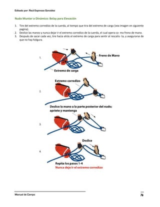 Editado por: Raúl Espinoza González
Manual de Campo 76
Nudo Munter o Dinámico: Belay para Elevación
1. Tire del extremo corredizo de la cuerda, al tiempo que tira del extremo de carga (vea imagen en siguiente
pagina).
2. Deslice las manos y nunca dejar ir el extremo corredizo de la cuerda, el cual opera co- mo freno de mano.
3. Después de sacar cada vez, tire hacia atrás el extremo de carga para sentir al rescatis- ta, y asegurarse de
que no hay holgura.
 