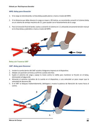 Editado por: Raúl Espinoza González
Manual de Campo 80
MPD: Belay para Elevación
1. Si la carga se está elevando, la línea belay puede jalarse a mano a través del MPD.
2. Si la distancia que debe elevarse la carga es mayor a 30 metros, se recomienda convertir el sistema belay
en un sistema de ventaja mecánica de 3:1, para ayudar con el levantamiento de la carga.
3. Para la transición final de borde, vuelva a convertir el sistema en 1:1 utilizando únicamente tensión manual
en la línea belay y jalándolo a mano a través del MPD.
Belay con Traverse 540o
540o
: Belay para Descenso
1. Instale la cuerda dentro del 540o
acorde al diagrama impreso en el dispositivo.
2. Adopte una posición correcta y confirme cuando este listo.
3. Sujete el extremo de carga y apoye la mano contra la rodilla para mantener la fricción en el belay,
eliminando la holgura (A).
4. Alimente el extremo corredizo de la cuerda en el dispositivo, a una velocidad un poco mayor que la
velocidad de descenso (B).
5. Si el 540° se bloquea inadvertidamente, deténgase y mueva la palanca de liberación de nuevo hacia al
centro.
 