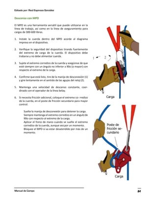 Editado por: Raúl Espinoza González
Manual de Campo 84
Descenso con MPD
El MPD es una herramienta versátil que puede utilizarse en la
línea de trabajo, así como en la línea de aseguramiento para
cargas de 300-600 libras.
1. Instale la cuerda dentro del MPD acorde al diagrama
impreso en el dispositivo.
2. Verifique la seguridad del dispositivo tirando fuertemente
del extremo de carga de la cuerda. El dispositivo debe
trabarse y no debe alimentar cuerda.
3. Sujete el extremo corredizo de la cuerda y asegúrese de que
esté siempre con un ángulo no inferior a 90o (o mayor) con
respecto al extremo de la carga.
4. Confirme que está listo, tire de la manija de desconexión (1)
y gire lentamente en el sentido de las agujas del reloj (2).
5. Mantenga una velocidad de descenso constante, coor-
dinado con el operador de la línea belay.
6. Si necesita fricción adicional, coloque el extremo co- rredizo
de la cuerda, en el poste de fricción secundario para mayor
control.
Suelte la manija de desconexión para detener la carga.
Siempre mantenga el extremo corredizo en un ángulo de
90o con respecto al extremo de la carga.
Aplicar el freno de mano cuando se suelte el extremo
corredizo de la cuerda, aunque sea por un momento.
Bloquee el MPD si va estar desatendido por más de un
momento.
 