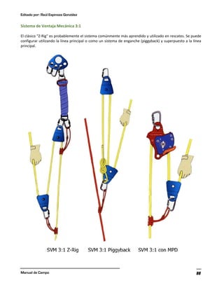 Editado por: Raúl Espinoza González
Manual de Campo 88
Sistema de Ventaja Mecánica 3:1
El clásico "Z-Rig" es probablemente el sistema comúnmente más aprendido y utilizado en rescates. Se puede
configurar utilizando la línea principal o como un sistema de enganche (piggyback) y superpuesto a la línea
principal.
 