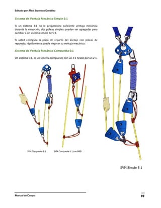 Editado por: Raúl Espinoza González
Manual de Campo 90
Sistema de Ventaja Mecánica Simple 5:1
Si un sistema 3:1 no le proporciona suficiente ventaja mecánica
durante la elevación, dos poleas simples pueden ser agregadas para
cambiar a un sistema simple de 5:1.
Si usted configura la placa de reparto del anclaje con poleas de
repuesto, rápidamente puede mejorar su ventaja mecánica.
Sistema de Ventaja Mecánica Compuesta 6:1
Un sistema 6:1, es un sistema compuesto con un 3:1 tirado por un 2:1.
 