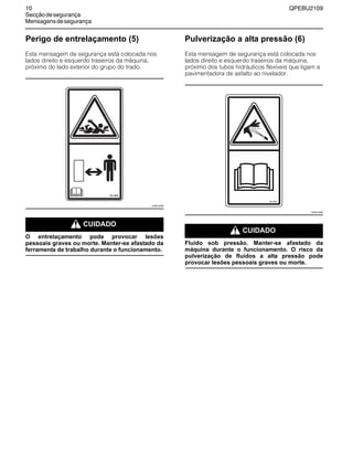 10 QPEBU2109
Secçãodesegurança
Mensagensdesegurança
Perigo de entrelaçamento (5)
Esta mensagem de segurança está colocada nos
lados direito e esquerdo traseiros da máquina,
próximo do lado exterior do grupo do trado.
m CUIDADO
O entrelaçamento pode provocar lesões
pessoais graves ou morte. Manter-se afastado da
ferramenta de trabalho durante o funcionamento.
Pulverização a alta pressão (6)
Esta mensagem de segurança está colocada nos
lados direito e esquerdo traseiros da máquina,
próximo dos tubos hidráulicos flexíveis que ligam a
pavimentadora de asfalto ao nivelador.
m CUIDADO
Fluido sob pressão. Manter-se afastado da
máquina durante o funcionamento. O risco da
pulverização de fluidos a alta pressão pode
provocar lesões pessoais graves ou morte.
XS0418AB
XS0419AB
 