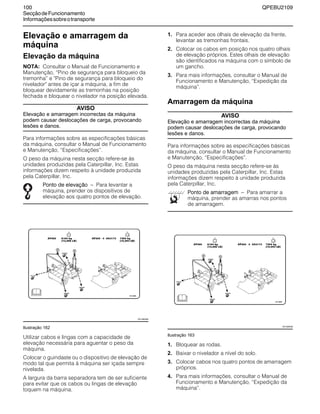 100 QPEBU2109
SecçãodeFuncionamento
Informaçõessobreotransporte
Elevação e amarragem da
máquina
Elevação da máquina
NOTA: Consultar o Manual de Funcionamento e
Manutenção, ≈Pino de segurança para bloqueio da
tremonha∆ e "Pino de segurança para bloqueio do
nivelador" antes de içar a máquina, a fim de
bloquear devidamente as tremonhas na posição
fechada e bloquear o nivelador na posição elevada.
AVISO
Elevação e amarragem incorrectas da máquina
podem causar deslocações de carga, provocando
lesões e danos.
Para informações sobre as especificações básicas
da máquina, consultar o Manual de Funcionamento
e Manutenção, ≈Especificações∆.
O peso da máquina nesta secção refere-se às
unidades produzidas pela Caterpillar, Inc. Estas
informações dizem respeito à unidade produzida
pela Caterpillar, Inc.
Ponto de elevação √ Para levantar a
máquina, prender os dispositivos de
elevação aos quatro pontos de elevação.
Ilustração 162
Utilizar cabos e lingas com a capacidade de
elevação necessária para aguentar o peso da
máquina.
Colocar o guindaste ou o dispositivo de elevação de
modo tal que permita à máquina ser içada sempre
nivelada.
A largura da barra separadora tem de ser suficiente
para evitar que os cabos ou lingas de elevação
toquem na máquina.
1. Para aceder aos olhais de elevação da frente,
levantar as tremonhas frontais.
2. Colocar os cabos em posição nos quatro olhais
de elevação próprios. Estes olhais de elevação
são identificados na máquina com o símbolo de
um gancho.
3. Para mais informações, consultar o Manual de
Funcionamento e Manutenção, ≈Expedição da
máquina∆.
Amarragem da máquina
AVISO
Elevação e amarragem incorrectas da máquina
podem causar deslocações de carga, provocando
lesões e danos.
Para informações sobre as especificações básicas
da máquina, consultar o Manual de Funcionamento
e Manutenção, ≈Especificações∆.
O peso da máquina nesta secção refere-se às
unidades produzidas pela Caterpillar, Inc. Estas
informações dizem respeito à unidade produzida
pela Caterpillar, Inc.
Ponto de amarragem √ Para amarrar a
máquina, prender as amarras nos pontos
de amarragem.
Ilustração 163
1. Bloquear as rodas.
2. Baixar o nivelador a nível do solo.
3. Colocar cabos nos quatro pontos de amarragem
próprios.
4. Para mais informações, consultar o Manual de
Funcionamento e Manutenção, ≈Expedição da
máquina∆.
XS1260AB
XS1260AB
 