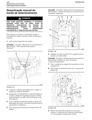 102 QPEBU2109
SecçãodeFuncionamento
Informaçõessobreoreboque
Desactivação manual do
travão de estacionamento
m CUIDADO
Para evitar possíveis acidentes, é necessário
bloquear muito bem as rodas, antes de
desactivar manualmente os travões de
estacionamento. Quando os travões de
estacionamento forem desactivados
manualmente, a máquina fica sem travões.
Para rebocar a máquina, é necessário seguir o
procedimento abaixo indicado, antes de efectuar o
reboque.
1. Abrir a porta esquerda de acesso.
Consulta: Consultar o Manual de Funcionamento e
Manutenção, ≈Porta esquerda de acesso -
Abertura∆.
Ilustração 164
2. Localizar a válvula para desactivar o travão e o
respectivo sistema hidráulico.
3. Desapertar completamente o anel de fixação (1)
e rodar o botão de regulação (2) para a direita,
para desactivar o travão, até ao limite de curso
do botão (2).
4. Usar a bomba manual (3) situada no grupo de
desengate do travão. Accionar a bomba manual
(3) até sentir resistência.
5. Abrir a tampa de acesso ao compartimento da
bateria.
Consulta: Consultar o Manual de Funcionamento e
Manutenção, ≈Tampa de acesso ao compartimento
da bateria - Abertura∆.
Ilustração 165
6. Desligar os cabos positivo (4) e negativo (5) da
bateria, por esta ordem.
Consulta: Consultar o Manual de Funcionamento e
Manutenção, ≈Bateria ou cabo da bateria
Inspeccionar/Substituir∆.
7. Tirar o cavilhão de engate (6) da bateria e retirar
a bateria (7).
8. Desmontar os parafusos (8) e tirar o suporte da
bateria (9).
Ilustração 166
9. Mover manualmente a alavanca (10), para
colocar o mecanismo da caixa de transmissão
(11) na posição central (ponto morto).
3
XS0893AB
1
2
XS0899AB
4 9 85
6
7
10
XS0995AB
11
 