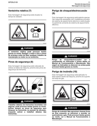 QPEBU2109 11
Secçãodesegurança
Mensagensdesegurança
Ventoinha rotativa (7)
Esta mensagem de segurança está situada na
tampa do radiador.
m CUIDADO
A ventoinha rotativa pode provocar lesões
graves ou morte. Desligar o motor e tirar a chave
de arranque antes de fazer qualquer trabalho de
manutenção no motor ou na ventoinha.
Pinos de segurança (8)
Esta mensagem de segurança está colocada de
ambos os lados da máquina, próximo dos pinos de
segurança da tremonha.
m CUIDADO
Trabalhar debaixo de tremonhas levantadas mal
seguras, pode provocar lesões graves ou morte.
Activar sempre os pinos de segurança para
bloquear as tremonhas na posição de elevação,
enquanto estiver a trabalhar debaixo das
tremonhas.
Perigo de choque/electrocussão
(9)
Esta mensagem de segurança está patente apenas
nas máquinas equipadas com niveladores providos
de sistema de aquecimento eléctrico e está situada
no painel de comando do sistema de aquecimento
eléctrico.
m CUIDADO
Perigo de choque/electrocussão! Ler e
compreender as instruções e avisos dados no
Manual de Funcionamento e Manutenção. Não
seguir as instruções ou descurar os avisos pode
provocar lesões graves ou morte.
Perigo de incêndio (10)
Esta mensagem de segurança está aplicada no
lado traseiro direito da máquina, próximo do suporte
da botija de gás.
m CUIDADO
Perigo de incêndio! Não aproximar chamas livres
da área enquanto se estiverem a acender os
queimadores a gás. Pode provocar lesões graves
ou morte. Ler o Manual de Funcionamento e
Manutenção.
XS0420AB
XS0413AB
XS0850AB
XS0849AB
 