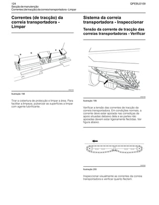 124 QPEBU2109
Secçãodemanutenção
Correntes(detracção)dacorreiatransportadora-Limpar
Correntes (de tracção) da
correia transportadora -
Limpar
Ilustração 198
Tirar a cobertura de protecção e limpar a área. Para
facilitar a limpeza, pulverizar as superfícies a limpar
com agente lubrificante.
Sistema da correia
transportadora - Inspeccionar
Tensão da corrente de tracção das
correias transportadoras - Verificar
Ilustração 199
Verificar a tensão das correntes de tracção da
correia transportadora. Em condições normais, a
corrente deve estar apoiada nas corrediças de
apoio situadas debaixo dela e as partes não
apoiadas devem estar ligeiramente flectidas. Ver
figura abaixo.
Ilustração 200
Inspeccionar visualmente as correntes da correia
transportadora e verificar quanto flectem.
XS0477AA
XS0977AB
XS0978AB
 