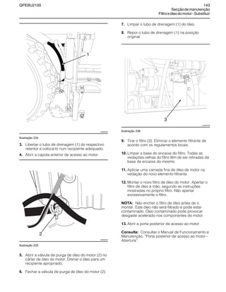 QPEBU2109 143
Secçãodemanutenção
Filtroeóleodomotor-Substituir
Ilustração 234
3. Libertar o tubo de drenagem (1) do respectivo
retentor e colocá-lo num recipiente adequado.
4. Abrir a capota anterior de acesso ao motor
Ilustração 235
5. Abrir a válvula de purga de óleo do motor (2) no
cárter de óleo do motor. Drenar o óleo para um
recipiente apropriado.
6. Fechar a válvula de purga de óleo do motor (2).
7. Limpar o tubo de drenagem (1) do óleo.
8. Repor o tubo de drenagem (1) na posição
original.
Ilustração 236
9. Tirar o filtro (3). Eliminar o elemento filtrante de
acordo com os regulamentos locais.
10. Limpar a base do encaixe do filtro. Todas as
vedações velhas do filtro têm de ser retiradas da
base de encaixe do mesmo.
11. Aplicar uma camada fina de óleo de motor na
vedação do novo elemento filtrante.
12. Montar o novo filtro de óleo do motor. Apertar o
filtro de óleo à mão, segundo as instruções
mostradas no próprio filtro. Não apertar
excessivamente o filtro.
NOTA: Não encher o filtro de óleo antes de o
montar. Este óleo não será filtrado e pode estar
contaminado. ‡leo contaminado pode provocar
desgaste acelerado nos componentes do motor.
13. Abrir a porta posterior de acesso ao motor.
Consulta: Consultar o Manual de Funcionamento e
Manutenção, ≈Porta posterior de acesso ao motor -
Abertura∆.
1
XS0986AB
XS0984AB
2
XS0927AB
3
 