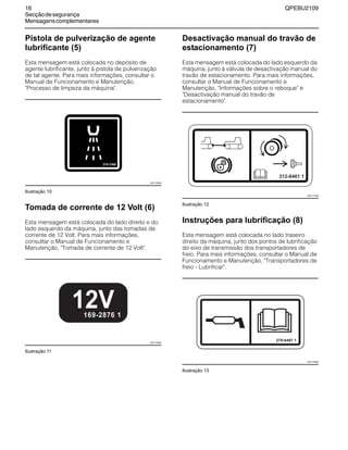16 QPEBU2109
Secçãodesegurança
Mensagenscomplementares
Pistola de pulverização de agente
lubrificante (5)
Esta mensagem está colocada no depósito de
agente lubrificante, junto à pistola de pulverização
de tal agente. Para mais informações, consultar o
Manual de Funcionamento e Manutenção,
"Processo de limpeza da máquina".
Ilustração 10
Tomada de corrente de 12 Volt (6)
Esta mensagem está colocada do lado direito e do
lado esquerdo da máquina, junto das tomadas de
corrente de 12 Volt. Para mais informações,
consultar o Manual de Funcionamento e
Manutenção, "Tomada de corrente de 12 Volt".
Ilustração 11
Desactivação manual do travão de
estacionamento (7)
Esta mensagem está colocada do lado esquerdo da
máquina, junto à válvula de desactivação manual do
travão de estacionamento. Para mais informações,
consultar o Manual de Funcionamento e
Manutenção, "Informações sobre o reboque" e
"Desactivação manual do travão de
estacionamento".
Ilustração 12
Instruções para lubrificação (8)
Esta mensagem está colocada no lado traseiro
direito da máquina, junto dos pontos de lubrificação
do eixo de transmissão dos transportadores de
freio. Para mais informações, consultar o Manual de
Funcionamento e Manutenção, "Transportadores de
freio - Lubrificar".
Ilustração 13
278-7580
XS1115AB
169-2876 1
12V
XS1116AB
312-6461 1
XS1117AB
279-6497 1
XS1118AB
 