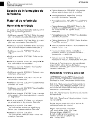 170 QPEBU2109
Secçãodeinformaçõesdereferência
Materialdereferência
Secção de informações de
referência
Material de referência
Material de referência
Em qualquer distribuidor Caterpillar está disponível
a seguinte documentação técnica:
• Publicação especial, PEHP6047 ≈Ficha técnica do
óleo hidráulico biodegradável Caterpillar (HEES)∆
• Publicação especial, PEHP7508 ≈Ficha técnica do
óleo para engrenagens Caterpillar (GO)∆
• Publicação especial, PEHP3050 ≈Ficha técnica do
óleo multiuso Caterpillar, para tractores (MTO)∆
• Publicação especial, PECP9067 ≈Uma fonte
segura∆
• Publicação especial, SEBD0640 ≈O óleo e o seu
motor∆
• Publicação especial, PEGJ 0046 ≈Serviços S•O•S
Cat: Interpretação dos resultados∆
• Publicação especial, PEGJ0047 ≈Como colher
uma boa amostra S•O•S∆
• Publicação especial, SEBD0518 ≈Conheça o seu
sistema de refrigeração∆
• Publicação especial, SEBD0970 ≈O líquido de
refrigeração e o seu motor∆
• Publicação especial, SEBD0717 ≈Os carburantes
diesel e o seu motor∆
• Publicação especial, SENR3130 ≈Especificações
sobre binários de aperto∆
• Publicação especial, SENR2947 ≈Ligar e carregar
sistemas para máquinas equipadas com conector
de diagnóstico∆
• Publicação especial, SEHS9031 ≈Procedimento
de armazenamento dos produtos Caterpillar ∆
• Publicação especial, SEBU5898
≈Recomendações em caso de temperaturas
baixas, para todas as máquinas Caterpillar∆
• Publicação especial, SEBU6250
≈Recomendações sobre os fluidos a utilizar nas
máquinas Caterpillar ∆
• Publicação especial, SEBU6981 ≈Informações
sobre a garantia de controlo de emissões∆
• Publicação especial, NENG2500 ≈Guia de
produtos e ferramentas Caterpillar ∆
• Publicação especial, PEHJ0191 ≈Serviços S•O•S
Cat∆
• Publicação especial, SEBU8257 ≈Directiva da
União Europeia 2002/44/CE sobre a exposição
aos riscos devidos aos agentes físicos
(vibrações)∆
• Publicação especial, PEHP4036 ≈Ficha de dados -
Extended Life Coolant∆
• Publicação especial, SEHS7332 ≈Cartaz de aviso -
Perigo! Não accionar∆
• Instrução especial, REHS1642 ≈Funcionamento do
sistema Product Link∆
• Funcionamento do sistema, resolução de
problemas, ensaio e ajustamento, RENR7911
≈Product Link 121SR/321SR∆
• Instrução especial, REHS2365 ≈Guia de
instalação do Product Link PL121SR e do PL300∆
O Manual de Funcionamento e Manutenção está
disponível em outros idiomas. Consultar o
distribuidor Caterpillar, para saber como conseguir
os referidos Manuais.
Material de referência adicional
ASTM D2896,≈Medições TBN∆ Esta publicação
pode encontrar-se geralmente em sociedades
tecnológicas locais, bibliotecas e universidades.
SAE J313,,≈Carburantes diesel∆ Está incluído no
manual SAE. Esta publicação, também pode ser
encontrada em sociedades tecnológicas locais,
bibliotecas e universidades.
SAE J754,,≈Nomenclatura∆ Geralmente está incluído
no manual SAE.
SAE J183,,≈Classificação∆ Geralmente está incluído
no manual SAE.
Engine Manufacturers Association ≈Manual de
dados dos fluidos dos motores∆
Engine Manufacturers Association
Two North LaSalle Street, Suite 2200
Chicago, Illinois, USA 60602
E-mail: ema@enginemanufacturers.org
Telefone principal: (312) 827-8700
Fax: (312) 827-8737
 