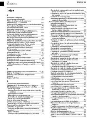 172 QPEBU2109
SecçãoÍndices
Index
A
Abandonaramáquina ............................................ 93
Acessosparamanutenção ................................... 105
Aditivodorefrigerantedosistemade
refrigeração(ELC)-Adicionar .............................. 128
Ajustamentodapressãodeenchimentodospneus 111
Alarmedemarchaatrás .......................................... 73
Alarmedemarchaatrás-Testar ............................ 120
Alternador-Inspeccionar ..................................... 118
Amostradelíquidoderefrigeraçãodosistema
refrigerante(nível1)-Colheramostra ................... 129
Amostradelíquidoderefrigeraçãodosistema
refrigerante(nível2)-Colheramostra ................... 130
Amostradeóleodatransmissãoplanetáriadas
rodas-Colheramostra ......................................... 135
Amostradeóleodatransmissãoplanetáriadasrodas
dianteiras(sedisponível)-Colheramostra............ 149
Amostradeóleodomotor-Colheramostra ........... 146
Colheitaeanálisedeumaamostra..................... 146
Amostradeóleodosistemahidráulico-
Colheramostra .................................................... 160
Colheitaeanálisedeumaamostra..................... 160
Antesdautilização ............................................27,37
Antesdepôromotoratrabalhar .............................. 26
Apoioàmanutenção ............................................. 115
Aquecimentodamáquinaedomotor ...................... 79
Arranquedomotor .............................................27,77
Arranquedomotor(métodosalternativos) ............ 103
Arranquedomotorcomcabosdeligaçãoemponte 103
Utilizaçãodecabosdeligaçãoemponte ............ 104
Assento.................................................................. 40
B
Baixaroequipamentocomomotordesligado.....29,92
Bateria-Reciclagem ............................................ 121
Bateriaoucabodabateria-Inspeccionar/
Substituir.............................................................. 121
Bogies-Lubrificar ................................................. 122
C
Capacidades(Reabastecimento) ......................... 114
Capotaanteriordeacessoaomotor-Abertura ...... 110
Cilindrosdeelevaçãodonivelador-Lubrificar ....... 164
Cintodesegurança ................................................ 40
Ajustamentodocintosegurança,paracintosnão
retrácteis ......................................................... 40
Ajustamentodotablier ......................................... 42
Extensãodocintodesegurança .......................... 42
Extensõesdaplataformadooperador ................. 43
Cintodesegurança-Inspeccionar ........................ 166
Cintodesegurança-Substituir ............................. 167
Circulaçãodamáquinaemestrada ......................... 96
Pinodesegurança,parabloqueiodonivelador .... 96
Coberturadireitadeacesso-Abertura .................. 107
Comandosdooperador .......................................... 48
Comandosdooperador(Painéisdecomandodo
nivelador) ............................................................... 69
Botãodabuzina .................................................. 71
Comandodacorreiatransportadoraesquerda..... 72
Comandodaespessuradepavimentaçãodolado
direitodonivelador........................................... 70
Comandodalarguradeaplicaçãodoladoesquerdo
donivelador ..................................................... 71
Comandodotradoesquerdo ............................... 72
Reguladordaespessuradepavimentaçãodolado
esquerdodonivelador ..................................... 70
Comandosdotablier(Consolaprincipal) ................ 49
Alavancadepropulsão ........................................ 64
Botãodeinversãoderotaçãodacorreia
transportadoradireita ...................................... 59
Botãodeinversãoderotaçãodacorreia
transportadoraesquerda ................................. 58
Botãodeinversãoderotaçãodotradodireito ....... 57
Botãodeinversãoderotaçãodotradoesquerdo .. 56
Chavedearranquedomotor ............................... 49
Comandodaespessuradepavimentaçãodolado
direitodonivelador........................................... 60
Comandodalarguradeaplicaçãodoladodireitodo
nivelador ......................................................... 61
Comandodalarguradeaplicaçãodoladoesquerdo
donivelador ..................................................... 60
Comandodamanetedepotência ........................ 66
Comandodatremonhadireita ............................. 54
Comandodatremonhaesquerda ........................ 54
Comandodeajustamentodafrequênciade
vibração .......................................................... 68
Comandodeajustamentodapressãode
compensaçãodonivelador .............................. 68
Comandoderegulaçãodaalturadotrado ............ 55
Comandodomododetrabalhodacorreia
transportadoradireita ...................................... 58
Comandodomododetrabalhodacorreia
transportadoraesquerda ................................. 57
Comandodomododetrabalhodotradodireito .... 56
Comandodomododetrabalhodotradoesquerdo 55
Comandodotravãodeestacionamento .............. 49
Comandovibratóriodonivelador ......................... 61
Controloautomáticodavelocidadedetrabalho.... 63
Indicadordeníveldecombustível ........................ 51
Indicadordetemperaturadaágua ....................... 52
Indicadores......................................................... 50
Interruptordasluzesdeemergência .................... 53
Interruptordeactivaçãodoscomandosda
máquina .......................................................... 50
Interruptordetestedosindicadores ..................... 52
Interruptordobloqueadordodiferencial .............. 67
Interruptordocomandoassistidodasrodas
dianteiras(Sedisponível) ................................ 65
Interruptordoindicadordedirecção..................... 52
Interruptordomododefuncionamento ................ 63
Interruptordosistemadeaquecimentoeléctricodo
nivelador(sedisponível) .................................. 67
Interruptordosistemadecompensaçãodo
nivelador ......................................................... 62
Interruptorlevantar/ondulardonivelador ............. 62
Manómetrodapressãodecompensaçãodo
nivelador ......................................................... 69
Pedaldotravãodeserviço(Sedisponível) ........... 53
Reguladordaespessuradepavimentaçãodolado
esquerdodonivelador ..................................... 59
Selectordasluzesedabuzina ............................. 66
Selectordemudançadevelocidade .................... 64
Selectordemudançadevelocidadehidráulica .... 65
Volante ............................................................... 53
 