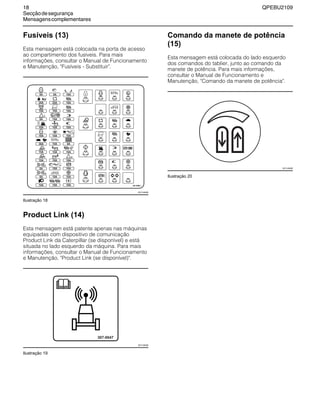 18 QPEBU2109
Secçãodesegurança
Mensagenscomplementares
Fusíveis (13)
Esta mensagem está colocada na porta de acesso
ao compartimento dos fusíveis. Para mais
informações, consultar o Manual de Funcionamento
e Manutenção, "Fusíveis - Substituir".
Ilustração 18
Product Link (14)
Esta mensagem está patente apenas nas máquinas
equipadas com dispositivo de comunicação
Product Link da Caterpillar (se disponível) e está
situada no lado esquerdo da máquina. Para mais
informações, consultar o Manual de Funcionamento
e Manutenção, "Product Link (se disponível)".
Ilustração 19
Comando da manete de potência
(15)
Esta mensagem está colocada do lado esquerdo
dos comandos do tablier, junto ao comando da
manete de potência. Para mais informações,
consultar o Manual de Funcionamento e
Manutenção, "Comando da manete de potência".
Ilustração 20
15A
15A
30A
5A
5A
15A
15A
5A
5A 5A
10A 10A
10A 5A
10A
10A
10A
10A
10A 10A
10A 10A
10A 10A
10A
10A 10A
15A
15A 10A 10A
10A
10A
15A
25A 25A
F
R
1
F
R 2
291-5366 1
XS1144AB
307-0047
XS1126AB
XS1145AB
 