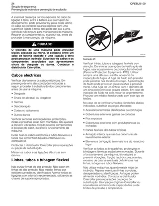 24 QPEBU2109
Secçãodesegurança
Prevençãodeincêndioeprevençãodeexplosão
A eventual presença de fios expostos no cabo de
ligação à terra, entre a bateria e o interruptor de
desligamento, pode provocar by-pass deste último
no caso de contacto da área exposta com uma
superfície ligada à terra. Isto pode dar aso a uma
condição não segura para manutenção da máquina.
Reparar os componentes ou substituí-los, antes de
proceder à manutenção da máquina.
m CUIDADO
O incêndio de uma máquina pode provocar
lesões pessoais ou morte. O contacto entre um
cabo de bateria exposto e uma ligação à terra
pode provocar incêndio. Substituir os cabos e os
componentes associados que apresentarem
sinais de desgaste ou danos. Contactar o
distribuidor Caterpillar.
Cabos eléctricos
Verificar diariamente os cabos eléctricos. Em
presença de uma das condições indicadas a
seguir, proceder à substituição dos componentes
antes de usar a máquina.
• Desgaste
• Sinais de abrasão ou desgaste
• Rachas
• Descoloração
• Cortes no isolamento
• Outros danos
Verificar se todas as braçadeiras, protecções,
molas e presilhas estão bem montadas. Isto ajudará
a prevenir vibrações, fricção noutros componentes
e excesso de calor, durante o funcionamento da
máquina.
Evitar fixar os cabos eléctricos a tubos flexíveis e a
tubos que contenham líquidos inflamáveis ou
combustível.
Contactar o distribuidor Caterpillar para reparações
ou peças de substituição.
Manter os cabos e as ligações eléctricas sem
detritos
Linhas, tubos e tubagem flexível
Não curvar linhas de alta pressão. Não bater em
linhas de alta pressão. Não instalar linhas que
estejam curvadas ou danificadas Apertar todas as
ligações com o binário recomendado, utilizando as
chaves de suporte apropriadas.
Ilustração 29
Verificar linhas, tubos e tubagens flexíveis com
atenção. Durante as operações de verificação de
fugas, usar equipamento de protecção individual
(Personal Protection Equipment - PPE). Utilizar
sempre uma tábua ou cartão, aquando da
inspecção de fugas. A fuga de fluido sob pressão
pode penetrar nos tecidos do corpo. A penetração
de fluido pode provocar graves lesões e possível
morte. Uma fuga de um orifício com o diâmetro de
um pino pode provocar graves lesões. Em caso de
injecção de fluido na pele, tratar-se urgentemente.
Procurar um médico familiarizado com este tipo de
lesões.
No caso de se verificar uma das condições abaixo
indicadas, substituir as peças afectadas:
• Acessórios terminais danificados ou com fugas
• Coberturas exteriores gastas ou cortadas
• Fios expostos
• Coberturas exteriores com protuberâncias ou
inchadas
• Partes flexíveis dos tubos torcidas
• Armação interior que sai das coberturas de
revestimento exterior
• Elementos de ligação terminais fora do restectivo
lugar
Verificar se todas as braçadeiras, protecções e
blindagens térmicas estão bem montadas. Durante
o funcionamento da máquina, isto ajudará a
prevenir vibrações, fricção noutros componentes,
excesso de calor e eventuais deficiências nas
linhas, tubagens e tubos flexíveis.
Não utilizar máquinas, quando existir risco de
incêndio. Reparar eventuais linhas corroídas,
desapertadas ou danificadas. As fugas podem
alimentar incêndios. Contactar o distribuidor
Caterpillar para reparações ou peças de
substituição. Usar peças originais Caterpillar ou
equivalentes em termos de capacidades ou de
limites de pressão e temperatura.
XS0011AA
 