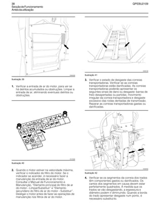 38 QPEBU2109
SecçãodeFuncionamento
Antesdautilização
Ilustração 39
1. Verificar a entrada de ar do motor, para ver se
há detritos acumulados ou obstruções. Limpar a
entrada de ar, eliminando eventuais detritos ou
obstruções.
Ilustração 40
2. Quando o motor estiver na velocidade máxima,
verificar o indicador do filtro do motor. Se o
indicador se acender, é necessário fazer a
manutenção da entrada de ar do motor.
Consultar o Manual de Funcionamento e
Manutenção, ≈Elemento principal do filtro de ar
do motor - Limpar/Substituir∆ e ≈Elemento
secundário do filtro de ar do motor - Substituir∆.
Desligar o motor antes de fazer as operações de
manutenção nos filtros de ar do motor.
Ilustração 41
3. Verificar o estado de desgaste das correias
transportadoras. Verificar se as correias
transportadoras estão danificadas. As correias
transportadoras poderão apresentar os
seguintes sinais de dano ou desgaste: barras de
freio desapertadas ou partidas, movimento
irregular da correia transportadora e desgaste
excessivo das rodas dentadas de transmissão.
Reparar as correias transportadoras gastas ou
danificadas.
Ilustração 42
4. Verificar se os segmentos da correia dos trados
têm componentes gastos ou danificados. Os
cantos dos segmentos em causa devem estar
perfeitamente quadrados. æ medida que os
trados se vão desgastando, a espessura e
diâmetro podem ir diminuindo. Quando a borda
do trado apresentar desgaste num ponto, é
necessário substituí-lo.
XS0945AB
XS1106AB
XS0931AB
XS0925AB
 