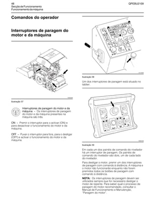 48 QPEBU2109
SecçãodeFuncionamento
Funcionamentodamáquina
Comandos do operador
Interruptores de paragem do
motor e da máquina
Ilustração 57
Interruptores de paragem do motor e da
máquina √ Os interruptores de paragem
do motor e da máquina presentes na
máquina são três.
ON √ Premir o interruptor para o activar (ON) e
para desactivar o funcionamento do motor e da
máquina.
OFF √ Puxar o interruptor para fora, para o desligar
(OFF) e activar o funcionamento do motor e da
máquina.
Ilustração 58
Um dos interruptores de paragem está situado no
tablier.
Ilustração 59
Em cada um dos painéis de comando do nivelador
há um interruptor de paragem. Os painéis de
comando do nivelador são dois, um de cada lado
do nivelador.
Para desligar o motor, premir um dos interruptores
de paragem com comando à distância. A máquina e
o motor não funcionarão enquanto não forem
premidos todos os botões de paragem com
comando à distância.
NOTA: Os interruptores de paragem devem ser
utilizados sempre que for necessário desligar o
motor de repente. Para saber qual o processo de
paragem do motor recomendado, consultar o
Manual de Funcionamento e Manutenção,
≈Paragem do motor∆.
XS0932AB
XS1105AB
XS0851AB
 
