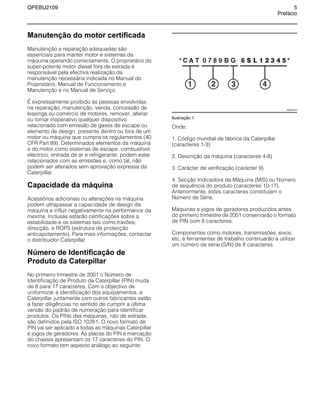 QPEBU2109 5
Prefácio
Manutenção do motor certificada
Manutenção e reparação adequadas são
essenciais para manter motor e sistemas da
máquina operando correctamente. O proprietário do
super-potente motor diesel fora de estrada é
responsável pela efectiva realização da
manutenção necessária indicada no Manual do
Proprietário, Manual de Funcionamento e
Manutenção e no Manual de Serviço.
É expressamente proibido às pessoas envolvidas
na reparação, manutenção, venda, concessão de
leasings ou comércio de motores, remover, alterar
ou tornar inoperativo qualquer dispositivo
relacionado com emissão de gases de escape ou
elemento de design, presente dentro ou fora de um
motor ou máquina que cumpra os regulamentos (40
CFR Part 89). Determinados elementos da máquina
e do motor,como sistemas de escape, combustível,
eléctrico, entrada de ar e refrigerante, podem estar
relacionados com as emissões e, como tal, não
podem ser alterados sem aprovação expressa da
Caterpillar.
Capacidade da máquina
Acessórios adicionais ou alterações na máquina
podem ultrapassar a capacidade de design da
máquina e influir negativamente na performance da
mesma. Inclusas estarão certificações sobre a
estabilidade e os sistemas tais como,travões,
direcção, e ROPS (estrutura de protecção
anticapotamento). Para mais informações, contactar
o distribuidor Caterpillar.
Número de Identificação de
Produto da Caterpillar
No primeiro trimestre de 2001 o Número de
Identificação de Produto da Caterpillar (PIN) muda
de 8 para 17 caracteres. Com o objectivo de
uniformizar a identificação dos equipamentos, a
Caterpillar juntamente com outros fabricantes estão
a fazer diligências no sentido de cumprir a última
versão do padrão de numeração para identificar
produtos. Os PINs das máquinas, não de estrada,
são definidos pela ISO 10261. O novo formato de
PIN vai ser aplicado a todas as máquinas Caterpillar
e jogos de geradores. As placas do PIN e marcação
do chassis apresentam os 17 caracteres do PIN. O
novo formato tem aspecto análogo ao seguinte:
Ilustração 1
Onde:
1. Código mundial de fábrica da Caterpillar
(caracteres 1-3)
2. Descrição da máquina (caracteres 4-8)
3. Carácter de verificação (carácter 9)
4. Secção Indicadora da Máquina (MIS) ou Número
de sequência do produto (caracteres 10-17).
Anteriormente, estes caracteres constituíam o
Número de Série.
Máquinas e jogos de geradores produzidos antes
do primeiro trimestre de 2001 conservarão o formato
de PIN com 8 caracteres.
Componentes como motores, transmissões, eixos,
etc, e ferramentas de trabalho continuarão a utilizar
um número de série (S/N) de 8 caracteres.
* *6 S L 1 2 3 4 5
4
G
3
0 7 8 9 B
2
C A T
1
XS0001AA
 