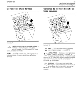QPEBU2109 55
SecçãodeFuncionamento
Funcionamentodamáquina
Comando de altura do trado
Ilustração 73
Comando de regulação da altura do trado √
Colocar o interruptor para cima, para
levantar o trado. Colocar o interruptor para
baixo, para baixar o trado
NOTA: Libertando o interruptor, este regressará à
posição central. O trado mantém-se na posição
definida.
Comando do modo de trabalho do
trado esquerdo
Ilustração 74
OFF √ Colocar o interruptor na posição
central, para desligar o trado (OFF).
AUTOMŸTICO √ Colocar o interruptor para
cima, para pôr os trados a funcionar no
modo automático. Quando o interruptor está
na posição AUTOMŸTICO, a velocidade dos trados
será determinada pelo sinal do sensor sonoro de
comando do alimentador.
MANUAL √ Colocar o interruptor para
baixo, para activar o funcionamento manual
dos trados. Com o interruptor na posição
MANUAL, os trados funcionarão à velocidade
máxima.
E
A
B
D
F
G
C
XS0883AB
E
A
B
D
F
G
C
XS0883AB
 