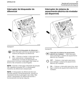 QPEBU2109 67
SecçãodeFuncionamento
Funcionamentodamáquina
Interruptor do bloqueador do
diferencial
Ilustração 97
Interruptor do bloqueador do diferencial √
Este interruptor permite ao operador ligar o
sistema de bloqueio do diferencial.
ON √ Colocar e manter o interruptor para
cima, para activar o bloqueador do
diferencial. A função do bloqueador do
diferencial é minimizar a patinagem das rodas em
terreno não compacto ou escorregadio.
NOTA: Quando o interruptor é libertado da posição
ON, regressa à posição OFF e o bloqueador
mecânico do diferencial é desactivado.
NOTA: O bloqueador do diferencial deve ser
activado apenas momentaneamente, quando for
necessário devido à patinagem das rodas. Não
utilizar o bloqueador do diferencial durante o
funcionamento normal da máquina.
Interruptor do sistema de
aquecimento eléctrico do nivelador
(se disponível)
Ilustração 98
Interruptor do sistema de aquecimento
eléctrico do nivelador √ Este interruptor
serve para ligar o sistema de aquecimento
eléctrico do nivelador.
OFF √ Colocar o interruptor para baixo,
para desligar o sistema de aquecimento
eléctrico do nivelador.
ON √ Colocar o interruptor para cima, para
ligar o sistema de aquecimento eléctrico do
nivelador.
XS1105AB
XS1105AB
 