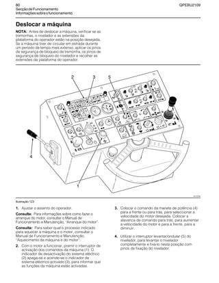 80 QPEBU2109
SecçãodeFuncionamento
Informaçõessobreofuncionamento
Deslocar a máquina
NOTA: Antes de deslocar a máquina, verificar se as
tremonhas, o nivelador e as extensões da
plataforma do operador estão na posição desejada.
Se a máquina tiver de circular em estrada durante
um período de tempo mais extenso, aplicar os pinos
de segurança de bloqueio da tremonha, os pinos de
segurança de bloqueio do nivelador e recolher as
extensões da plataforma do operador.
Ilustração 123
1. Ajustar o assento do operador.
Consulta: Para informações sobre como fazer o
arranque do motor, consultar o Manual de
Funcionamento e Manutenção, ≈Arranque do motor∆.
Consulta: Para saber qual o processo indicado
para aquecer a máquina e o motor, consultar o
Manual de Funcionamento e Manutenção,
≈Aquecimento da máquina e do motor∆.
2. Com o motor a funcionar, premir o interruptor de
activação dos comandos da máquina (1). O
indicador de desactivação do sistema eléctrico
(2) apaga-se e acende-se o indicador de
sistema eléctrico activado (3), para informar que
as funções da máquina estão activadas.
3. Colocar o comando da manete de potência (4)
para a frente ou para trás, para seleccionar a
velocidade do motor desejada. Colocar a
alavanca de comando para trás, para aumentar
a velocidade do motor e para a frente, para a
diminuir.
4. Utilizar o interruptor levantar/ondular (5) do
nivelador, para levantar o nivelador
completamente e fixá-lo nesta posição com
pinos de fixação do nivelador.
E
STOP
A
B
D
F
G
C
2
1
3 5
4
XS1107AB
 