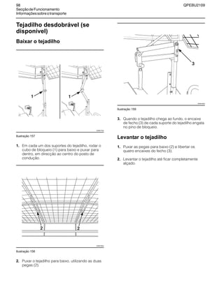 98 QPEBU2109
SecçãodeFuncionamento
Informaçõessobreotransporte
Tejadilho desdobrável (se
disponível)
Baixar o tejadilho
Ilustração 157
1. Em cada um dos suportes do tejadilho, rodar o
cubo de bloqueio (1) para baixo e puxar para
dentro, em direcção ao centro do posto de
condução.
Ilustração 158
2. Puxar o tejadilho para baixo, utilizando as duas
pegas (2).
Ilustração 159
3. Quando o tejadilho chega ao fundo, o encaixe
de fecho (3) de cada suporte do tejadilho engata
no pino de bloqueio.
Levantar o tejadilho
1. Puxar as pegas para baixo (2) e libertar os
quatro encaixes do fecho (3).
2. Levantar o tejadilho até ficar completamente
alçado.
XS0617AA
XS0618AA
XS0619AA
 