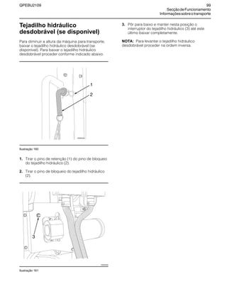 QPEBU2109 99
SecçãodeFuncionamento
Informaçõessobreotransporte
Tejadilho hidráulico
desdobrável (se disponível)
Para diminuir a altura da máquina para transporte,
baixar o tejadilho hidráulico desdobrável (se
disponível). Para baixar o tejadilho hidráulico
desdobrável proceder conforme indicado abaixo.
Ilustração 160
1. Tirar o pino de retenção (1) do pino de bloqueio
do tejadilho hidráulico (2).
2. Tirar o pino de bloqueio do tejadilho hidráulico
(2).
Ilustração 161
3. Pôr para baixo e manter nesta posição o
interruptor do tejadilho hidráulico (3) até este
último baixar completamente.
NOTA: Para levantar o tejadilho hidráulico
desdobrável proceder na ordem inversa.
1
XS0952AB
2
3
XS0953AB
 