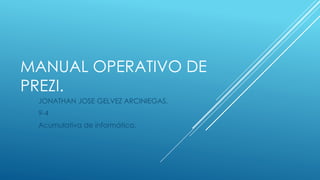 MANUAL OPERATIVO DE 
PREZI. 
JONATHAN JOSE GELVEZ ARCINIEGAS. 
9-4 
Acumulativa de informática. 
 