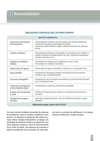 4 Sostenibilidad
42
Sin duda, existen múltiples propuestas de sistemas
de indicadores, tanto en el plano académico como
técnico, no obstante, la aplicación del sistema eu-
ropeo ofrece ventajas interesantes: se adapta a la
diversidad de destinos, facilita la comparación con
otros destinos europeos y tiene el reconocimiento
de la Unión Europea, circunstancia que permite al
destino beneficiarse de la evolución de este siste-
ma hacia un proceso de certificación o de otorga-
miento de distintivos a escala europea.
 