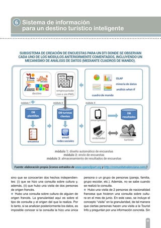 6 Sistema de información
para un destino turístico inteligente
63
sino que se conocerían dos hechos independien-
tes: (i) que se hizo una consulta sobre cultura y,
además, (ii) que hubo una visita de dos personas
de origen francés.
l Hubo una consulta sobre cultura de alguien de
origen francés. La granularidad aquí es sobre el
tipo de consulta y el origen del que la realiza. Por
lo tanto, si se analizan posteriormente los datos, es
imposible conocer si la consulta la hizo una única
persona o un grupo de personas (pareja, familia,
grupo escolar, etc.). Además, no se sabe cuando
se realizó la consulta.
l Hubo una visita de 2 personas de nacionalidad
francesa que hicieron una consulta sobre cultu-
ra en el mes de junio. En este caso, se incluye el
concepto “visita” en la granularidad, de tal manera
que ciertas personas hacen una visita a la Tourist
Info y preguntan por una información concreta. Sin
 