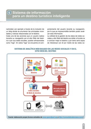 6 Sistema de información
para un destino turístico inteligente
68
ractividad, por ejemplo a través de la inclusión de
un blog donde se enumeren las principales nove-
dades y noticias relacionadas con el destino.
Cada una de las acciones que un usuario realiza
durante su navegación por el sitio Web del desti-
no o por sus redes sociales, quedan almacenadas
como “logs”. En estos “logs” se encuentra el com-
portamiento del usuario durante su navegación,
por lo que es imprescindible también poder anali-
zar esta información.
La utilidad de la gestión de los datos de redes so-
ciales y sitio Web del destino es doble: el turista va
a conocer mejor el destino y por tanto será capaz
de interactuar con él por medio de las redes so-
 