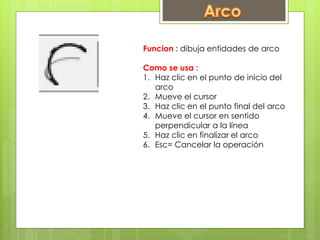 Funcion : dibuja entidades de arco
Como se usa :
1. Haz clic en el punto de inicio del
arco
2. Mueve el cursor
3. Haz clic en el punto final del arco
4. Mueve el cursor en sentido
perpendicular a la línea
5. Haz clic en finalizar el arco
6. Esc= Cancelar la operación
 