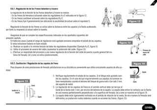 11

     8.6.1.-Regulación de de los Frenos delantero y trasero
                                                                                                                             B
     La regulación de la tensión de los frenos delantero y trasero se realiza:
     - En los frenos de herradura actuando sobre los reguladores A y C indicados en la figura 12.                                                      C
     - En los frenos cantilever actuando sobre los reguladores B y C.                                                        A
     - En los frenos tipo V generalmente tan sólo existe la posibilidad de actuar sobre el regulador C.                                            Figura 12

      Regulando la tensión de los frenos se actúa sobre la distancia entre las zapatas y la llanta acelerando
por tanto su respuesta al actuar sobre la maneta.

     Asegúrese de que se cumplen las especificaciones indicadas en los apartados siguientes del
                                                                                                                                                                        C
presente capítulo.
     En todos los casos cuando el rango de regulación está agotado conviene comprobar el estado de las zapatas.                                                     A
     Si estas estuvieran todavía en buen estado:                                                                                        Figura 13
     a.- Realizar un ajuste a la mínima tensión de todos los reguladores disponibles (Ejemplo A y C, figura 3).
     b.- Soltar el prisionero de amarre del cable y aumentar la pretensión del cable, (figura 13).                                                                  Prisionero de
     c.- Efectuar un reapretado del prisionero y una nueva regulación de la tensión del cable de puesta a punto general del sis-                                    amarre del
         tema de frenado, tal y como se indica posteriormente.                                                                                                      cable



     8.6.2.-Sustitución / Regulación de las zapatas de freno                                                                                               Figura 14
      Para disponer de unas prestaciones de frenado satisfactorias en su bicicleta es conveniente que utilice únicamente zapatas de alta ca-
lidad.
                                                                                                                                                                   Zapata

                                                        1.- Verifique regularmente el estado de las zapatas. Si el dibujo está gastado cam-
                                                            bie las zapatas. En el caso de que originariamente sus zapatas no tuvieran re-
              Figura 15                                     lieve reemplácelas cuando el extremo del bloque de goma esté a tan sólo 3 mm.               Llanta
                              Llanta
                                                            del soporte de metal.
                                                        2.- La regulación de las zapatas de freno en el sentido vertical debe ser tal que el
      Sentido de la                                         borde de la llanta esté 1 mm. por encima del extremo de la zapata. La zapata debe entrar en contacto con la llanta
            rotación                                        de una manera perfectamente perpendicular a la superficie de frenado, tal y como se muestra en la figura 14.
                                       Zapata
                                                        3.- La zapata debe estar ligeramente inclinada en el sentido de rotación de la rueda. De otra manera la frenada será
                                                            deficiente y se producirán ruidos molestos cuando se accionen los frenos, (figura 15).


                                                                                                                                                                        ESPAÑOL
 