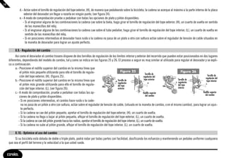 14
               d.- Actúe sobre el tornillo de regulación del tope exterior, (H), de manera que pedaleando sobre la bicicleta, la cadena se acerque al máximo a la parte interna de la placa
                   exterior del desviador sin llegar a rozarla en ningún punto, (ver figura 24).
               e.- A modo de comprobación pruebe a pedalear con todas las opciones de plato y piñón disponibles:
                  - Si al engranar alguna de las combinaciones la cadena cae sobre la biela, haga girar el tornillo de regulación del tope exterior, (H), un cuarto de vuelta en sentido
                    de las manecillas del reloj.
                  - Si al engranar alguna de las combinaciones la cadena cae sobre el tubo pedalier, haga girar el tornillo de regulación del tope interior, (L), un cuarto de vuelta en
                    sentido de las manecillas del reloj.
                  - Si en posiciones intermedias el desviador hace ruido o la cadena no pasa de un plato a otro con soltura actúe sobre el regulador de tensión de cable situados en
                    la maneta de desviador para lograr un ajuste perfecto.

          8.9.- Regulación del cambio
           Así como el desviador el cambio trasero dispone de dos tornillos de regulación de los límites interior y exterior del recorrido que pueden estar posicionados en dos lugares
     diferentes, dependiendo del modelo de cambio, tal y como se indica en las figuras 25 y 26. El proceso a seguir es muy similar al utilizado para regular el desviador y se expli-
     ca a continuacıón.
           a.- Posicione el rodillo superior del cambio en la misma línea que
               el piñón más pequeño utilizando para ello el tornillo de regula-                             Figura 25                                     Figura 26
                                                                                                                                     Tornillo de
               ción del tope exterior, (H), (figura 25) .                                                                          regulación del                               Tornillo de
                                                                                                                                    tope exterior                             regulación del
           b.- Posicione el rodillo superior del cambio en la misma línea que                            Tornillo de                                   Tornillo de             tope interior
                                                                                                         regulación                                    regulación
               el piñón más grande utilizando para ello el tornillo de regula-                           del tope                                      del tope
               ción del tope interior, (L), (ver figura 26).                                             exterior                                      interior
           c.- A modo de comprobación, pruebe a pedalear con todas las op-                                                         Rodillo superior                         Rodillo superior
                                                                                                                                      del cambio                              del cambio
               ciones de plato y piñón disponibles:
              - Si en posiciones intermedias, el cambio hace ruido o la cade-
                na no pasa de un piñón a otro con soltura, actúe sobre el regulador de tensión de cable, (situado en la maneta de cambio, o en el mismo cambio), para lograr un ajus-
                te perfecto.
              - Si la cadena se cae del piñón pequeño, apretar el tornillo de regulación del tope exterior, (H), un cuarto de vuelta.
              - Si la cadena no llega a bajar al piñón pequeño, aflojar el tornillo de regulación del tope exterior, (L), un cuarto de vuelta.
              - Si la cadena se cae del piñón grande hacia los radios, apretar el tornillo de regulación del tope interior, (L), un cuarto de vuelta.
              - Si la cadena no sube al piñón grande, aflojar el tornillo de regulación del tope interior, (L), un cuarto de vuelta.

          8.10.- Optimice el uso del cambio
          Si su bicicleta está dotada de doble o triple plato, podrá rodar por todas partes con facilidad, dosificando los esfuerzos y manteniendo un pedaleo uniforme cualquiera
     que sea el perfil del terreno y la velocidad a la que usted ruede.


     ESPAÑOL
 