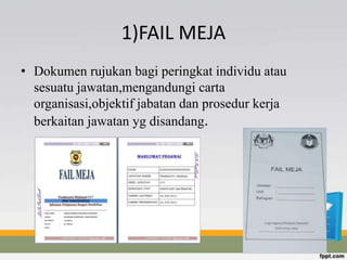 1)FAIL MEJA
• Dokumen rujukan bagi peringkat individu atau
sesuatu jawatan,mengandungi carta
organisasi,objektif jabatan dan prosedur kerja
berkaitan jawatan yg disandang.
 