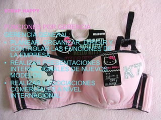 STRAP HAPPY FUNCIONES POR GERENCIA GERENCIA GENERAL: PLANEAR, ORGANIZAR, DIRIGIR Y CONTROLAR LAS FUNCIONES DE LA EMPRESA REALIZAR PRESENTACIONES INTERNACIONALES DE NUEVOS MODELOS REALIZAR NEGOCIACIONES COMERCIALES A NIVEL INTERNACIONAL 