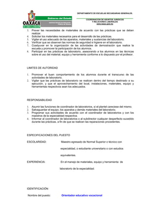DEPARTAMENTO DE ESCUELAS SECUNDARIAS GENERALES.


                                                    COORDINACION DE ASUNTOS JURIDICOS
                                                        Y RELACIONES LABORALES
                                                            www.ieepo.gob.mx


3.   Prever las necesidades de materiales de acuerdo con las prácticas que se deben
     realizar.
4.   Solicitar los materiales necesarios para el desarrollo de las prácticas.
5.   Vigilar el uso adecuado de los aparatos, materiales y sustancias del laboratorio.
6.   Verificar que se observen las normas de seguridad e higiene en el laboratorio.
7.   Coadyuvar en la organización de las actividades de demostración que realice la
     escuela y promover la participación de los alumnos.
8.   Participar en las prácticas de laboratorio, asesorando a los alumnos en las técnicas
     sobre el uso del material, equipo y herramienta conforme a lo dispuesto por el profesor.




LIMITES DE AUTORIDAD

1.   Promover el buen comportamiento de los alumnos durante el transcurso de las
     actividades de laboratorio.
2.   Vigilar que las prácticas de laboratorio se realicen dentro del tiempo destinado a su
     ejecución, y que el aprovechamiento del local, instalaciones, materiales, equipo y
     herramientas respectivos sean los adecuados.




RESPONSABILIDAD

1.   Asumir las funciones de coordinador de laboratorios, si el plantel careciese del mismo.
2.   Salvaguardar el equipo, los aparatos y demás materiales del laboratorio.
3.   Programar sus actividades de acuerdo con el coordinador de laboratorios y con los
     maestros de la especialidad respectiva.
4.   Informar al coordinador de laboratorios o al subdirector cualquier desperfecto sucedido
     durante las prácticas, a fin de que se realicen las reparaciones procedentes.




ESPECIFICACIONES DEL PUESTO

ESCOLARIDAD:                  Maestro egresado de Normal Superior o técnico con

                             especialidad, o estudiante universitario o con estudios

                             equivalentes.

EXPERIENCIA:                 En el manejo de materiales, equipo y herramienta de

                             laboratorio de la especialidad.




IDENTIFICACIÓN

Nombre del puesto:            Orientador educativo vocacional
 