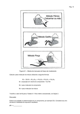Pág. 14
Figura 6-1 – Modos de manuseio do frasco de nivelamento
Calcule o peso molecular da mistura utilizando a seguinte fórmula:
= Σ = CO2BCO2 + MO2BO2 + MCOBCO + MN2BN2
Bx = proporção em volume do componente = %x/100
Mx = peso molecular do componente
Md = peso molecular da mistura
Transfira o valor de Md para a Tabela 6.1. Para melhor compreensão, ver Seção 3.
Discussão
Estime sua exatidão na determinação de um componente, por exemplo CO2. Considere seu erro
de leitura e habilidade de reproduzir resultados.
ɸR = ± ___________
 