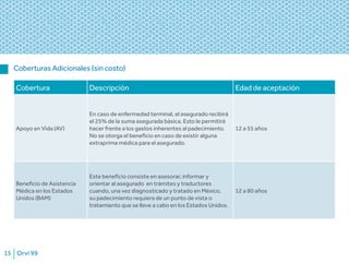 Orvi 9915
Coberturas Adicionales (sin costo)
Cobertura Descripción Edad de aceptación
Apoyo en Vida (AV)
En caso de enfermedad terminal, el asegurado recibirá
el 25% de la suma asegurada básica. Esto le permitirá
hacer frente a los gastos inherentes al padecimiento.
No se otorga el beneficio en caso de existir alguna
extraprima médica para el asegurado.
12 a 55 años
Beneficio de Asistencia
Médica en los Estados
Unidos (BAM)
Este beneficio consiste en asesorar, informar y
orientar al asegurado en trámites y traductores
cuando, una vez diagnosticado y tratado en México,
su padecimiento requiera de un punto de vista o
tratamiento que se lleve a cabo en los Estados Unidos.
12 a 80 años
 