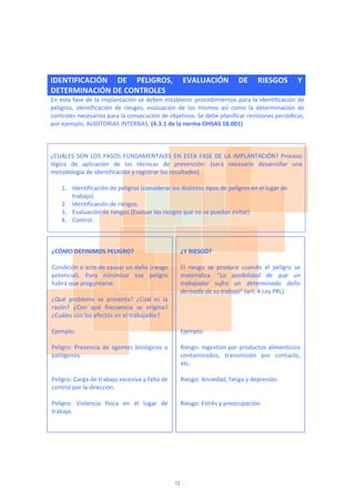  
IDENTIFICACIÓN  DE  PELIGROS,  EVALUACIÓN  DE  RIESGOS  Y 
DETERMINACIÓN DE CONTROLES
En esta fase de la implantación se deben establecer procedimientos para la identificación de 
peligros,  identificación  de  riesgos,  evaluación  de  los  mismos  así  como  la  determinación  de 
controles necesarios para la consecución de objetivos. Se debe planificar revisiones periódicas, 
por ejemplo, AUDITORIAS INTERNAS. (4.3.1 de la norma OHSAS 18.001) 
 
 
 
¿CUÁLES SON LOS PASOS FUNDAMENTALES EN ESTA FASE DE LA IMPLANTACIÓN? Proceso 
lógico  de  aplicación  de  las  técnicas  de  prevención:  (será  necesario  desarrollar  una 
metodología de identificación y registrar los resultados) 
 
1. Identificación de peligros (considerar los distintos tipos de peligros en el lugar de 
trabajo) 
2. Identificación de riesgos. 
3. Evaluación de riesgos (Evaluar los riesgos que no se puedan evitar) 
4. Control. 
 
 
  
¿CÓMO DEFINIMOS PELIGRO? 
 
Condición o acto de causar un daño (riesgo 
potencial).  Para  minimizar  ese  peligro 
habrá que preguntarse: 
 
¿Qué  problema  se  presenta?  ¿Cuál  es  la 
razón?  ¿Con  qué  frecuencia  se  origina? 
¿Cuáles son los efectos en el trabajador? 
 
Ejemplo: 
 
Peligro:  Presencia  de  agentes  biológicos  o 
patógenos.  
 
 
Peligro: Carga de trabajo excesiva y falta de 
control por la dirección.  
 
Peligro:  Violencia  física  en  el  lugar  de 
trabajo. 
 
 
 
¿Y RIESGO? 
 
El  riesgo  se  produce  cuando  el  peligro  se 
materializa.  “La  posibilidad  de  que  un 
trabajador  sufra  un  determinado  daño 
derivado de su trabajo” (art. 4 Ley PRL) 
 
 
 
 
Ejemplo: 
 
Riesgo: Ingestión por productos alimenticios 
contaminados,  transmisión  por  contacto, 
etc. 
 
Riesgo: Ansiedad, fatiga y depresión.  
 
 
Riesgo: Estrés y preocupación.  
12
 