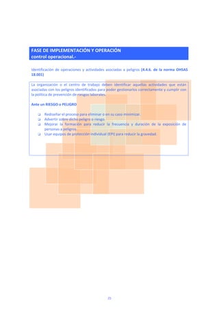  
FASE DE IMPLEMENTACIÓN Y OPERACIÓN
control operacional.‐  
 
Identificación  de  operaciones  y  actividades  asociadas  a  peligros  (4.4.6.  de  la  norma  OHSAS 
18.001) 
 
La  organización  o  el  centro  de  trabajo  deben  identificar  aquellas  actividades  que  están 
asociadas con los peligros identificados para poder gestionarlos correctamente y cumplir con 
la política de prevención de riesgos laborales. 
 
Ante un RIESGO o PELIGRO 
 
 Rediseñar el proceso para eliminar o en su caso minimizar. 
 Advertir sobre dicho peligro o riesgo.  
 Mejorar  la  formación  para  reducir  la  frecuencia  y  duración  de  la  exposición  de 
personas a peligros. 
 Usar equipos de protección individual (EPI) para reducir la gravedad. 
 
 
 
 
 
 
 
 
 
 
23
 