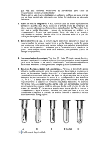 que não está oscilando muito.Tome as providências para sanar as
   irregularidades e instale um estabilizador.
    Mesmo com o uso de um estabilizador de voltagem, certifique-se que a energia
   que sai deste estabilizador está dentro dos limites de tolerância e se não oscila
   facilmente.

2. Tubos de ensaio irregulares. A PZL fornece tubos de ensaio rigorosamente
   controlados quanto à sua altura, espessura e formato. O uso de outros tipos de
   tubos, que não obedeçam perfeitamente às especificações da PZL poderá fazer
   com que a sonda (thermistor - sensor de temperatura da análise) e o
   homogeneizador fiquem mal posicionados dentro do tubo e na amostra,
   prejudicando as análises. Jamais utilize tubos diferentes entre si e que não
   obedeçam às especificações da PZL.

3. Sonda (thermistor) suja. É comum alguns operadores deixarem de seguir as
   recomendações de sempre manter limpa a sonda. Qualquer crosta de sujeira
   que se acumule poderá criar uma camada isolante que prejudica a sensibilidade
   do sensor de temperatura. Lembre-se que o Osmômetro mede milésimos de
   graus. Limpe sempre a sonda entre cada análise e, principalmente, quando for
   desligar o equipamento.


4. Homogeneizador desregulado. Vide item 11.1 (pág. 27) deste manual. Lembre-
   se que a regulagem incorreta do agitador (homogeneizador) da amostra poderá
   gerar erros na análise ou até mesmo impedir que o Osmômetro consiga efetuar
   as análises. Mantenha o homogeneizador sempre ajustado corretamente.

5. Sonda ou homogeneizador mal posicionados. Para que o Osmômetro possa
   efetuar a medida precisa do ponto de congelamento da amostra, é preciso que o
   sensor de temperatura (sonda – thermistor) e o homogeneizador estejam bem
   centralizados na amostra (solução). Na figura na página seguinte temos alguns
   exemplos de posicionamentos da sonda e do homogeneizador. Nos exemplos
   “A”, “B” e “C”, a sonda está mal posicionada (torta, muito baixa e muito alta
   respectivamente) e poderão ser fornecidos resultados distorcidos. No exemplo
   “D”, tanto o homogeneizador quanto a sonda estão bem centralizados, mantendo
   aproximadamente a mesma distância até cada borda e até o fundo do tubo de
   ensaio. No exemplo “E”, temos uma amostra com pouca solução e, quando o
   homogeneizador agita a amostra, forma-se um cone que deixa a sonda mal
   posicionada e prejudica a precisão da análise. Consulte a assistência técnica
   sobre como fazer as regulagens.




     A               B                C                D (certo)       E
38 Problemas de Repetitividade
 