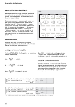 Exemplos de Aplicação



Definição dos Pontos de Iluminação
                                                                       Fig. 34:

Escolhe-se a disposição das luminárias levando-se
em conta o layout do mobiliário, o direcionamento
correto da luz para a mesa de trabalho e o próprio
tamanho das luminárias.

Neste exemplo, sugere-se a disposição destas em
três linhas contínuas lateralmente às mesas de
trabalho, evitando o ofuscamento sobre a tela de
computador. Para tanto, a quantidade de luminárias
(N = 13) deverá ser elevada para N = 15, para que
possa ser subdividida por três.A dimensão de
10,00m comporta a linha contínua formada por 5
luminárias, cada uma de aproximadamente 1,20m,
não havendo perigo de não adaptação ao projeto.
(Figura 34)


Cálculo de Controle

Uma vez de acordo com o resultado fornecido
podemos nos certificar do valor exato da Iluminância
Média obtida, através dos itens 25 e 26.


Avaliação do Consumo Energético

Os itens 27, 28 e 29 da planilha podem ser calculados                  Obs.: 70 W = Considerando a utilização do reator
da seguinte maneira:                                                   QTISB 2x36W, que devido à operação em alta
                                                                       freqüência, a potência entregue à lâmpada é menor.
       30 . 35
Pt =               = 1,05 kW
        1000
                                                                       Cálculo de Custos e Rentabilidade

                                                                       Na rotina de cálculo, os itens Cálculo de Custos e
       1,05 . 1000
D=                       = 14 W/m2                                     Cálculo de Rentabilidade são completamentares ao
           75
                                                                       cálculo luminotécnico até aqui concluído,e podem
                                                                       ser desenvolvidos utilizando-se o guia orientativo
                                                                       “Cálculo de Rentabilidade” que segue anexo.
       14 . 100
Dr =                 = 2,42 W/m2 p/100 lx
         579




*W = Potência do conjunto lâmpada + acessório (Consultar Catálogo OSRAM para obter valores orientativos)




22
 