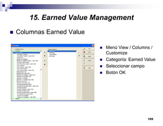 105
Columnas Earned Value
Menú View / Columns /
Customize
Categoría: Earned Value
Seleccionar campo
Botón OK
15. Earned Value Management
 